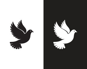 Obraz premium Black and White Flying Pigeon Silhouette Icon – Peace Symbol Bird Illustration on Split Background