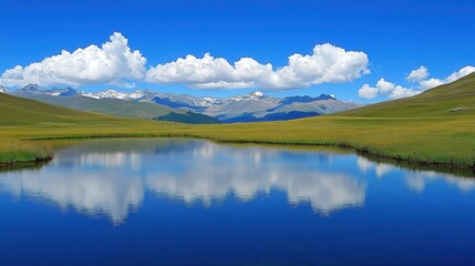 Fototapeta premium Serene Landscape with Blue Sky, Clouds and Reflective Water Surface