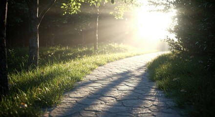 Fototapeta premium Stone pathway through green forest with sunlight streaming through trees. Tranquil nature scene. Journey and meditation concept. Peaceful outdoor retreat
