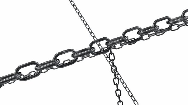 Flying metal chains on white background - 3D 4k animation (3840 x 2160 px)