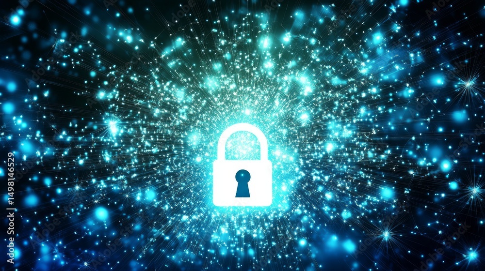 Poster unlocking potential a glowing lock hovering above a matrix of interconnected data digital environmen