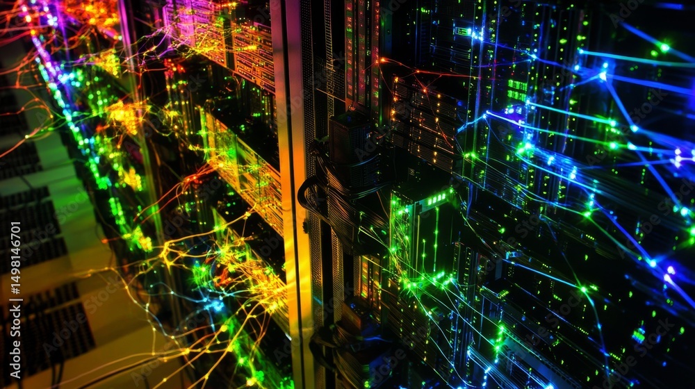 Poster exploring a glowing network of cloud computing paths in a data center digital visualization high-tec