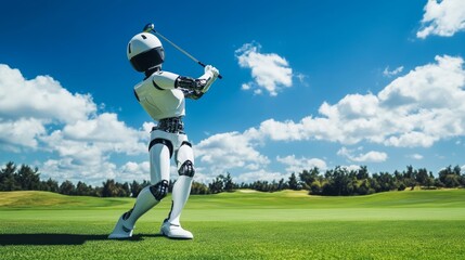 Flawless golf drive by cutting-edge robot on lush fairway a futuristic sports innovation