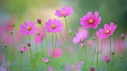 Fototapeta premium Beautiful Pink Cosmos Flowers Growing in a Lush Garden Setting