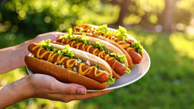 Pair of Hands Holding a Plate of Hot Dogs at an Outdoor Barbecue 