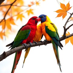Obraz premium Beautiful parrots on branch surrounded by falling leaves high resolution photo