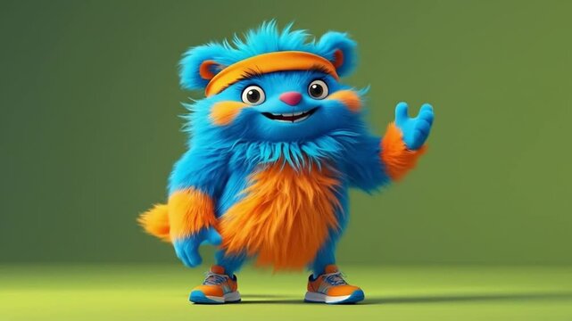 A furry blue and orange cartoon creature poses with a big smile during morning exercise on green background
