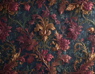 Intricate damask, jewel-toned vines & leaves, rich texture, surface pattern, wallpaper pattern