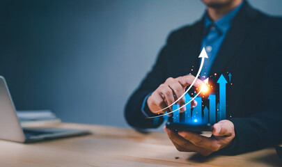 2026 progress or development concept, Business growth, investment profit increase, arrow graph future growth plans, growing sales and revenue.