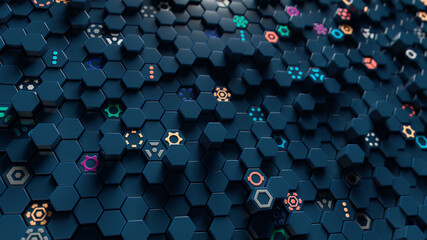 Hexagonal Geometric Abstract Pattern with Futuristic Technological Symbols