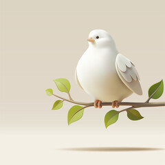 Cute dove character sitting on a green branch, 3D. Realistic dove for design concepts. Modern banner. Vector illustration