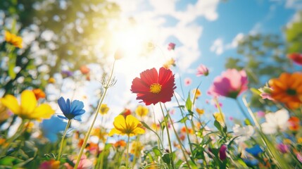 Fototapeta premium Bright and Colorful Flower Field Under Sunny Blue Sky