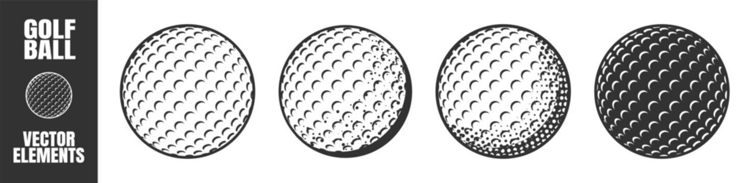 golf ball icon set, black and white close up vector illustration, golf ball symbols isolated on transparent background