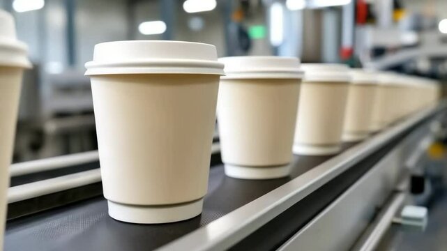Disposable coffee cups moving along an automated factory conveyor belt during mass production in a manufacturing facility.
