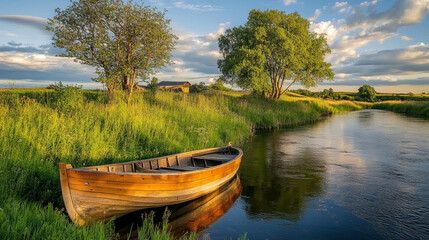 Obraz premium Scenic spring-summer view with a calm river, lush green trees, and a fishing boat moored along the bank under a blue sky with clouds.