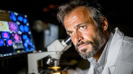 Scientist Analyzing Samples Under Microscope in Laboratory Environment at Night