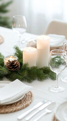Minimalist evergreen and candle centerpiece for elegant table setting