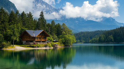 Fototapeta premium Tranquil summer escape featuring a rustic cabin on the edge of a quiet lake.