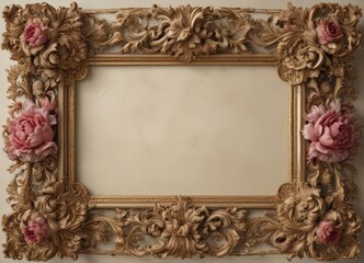 Ornate Baroque frame; scrolling acanthus leaves, roses, peonies, calligraphic swirls ,  pattern,  frame