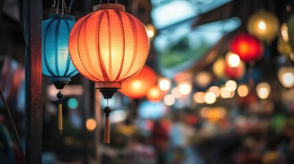 Colorful Lanterns Illuminating Market at Dusk with Bokeh Effect