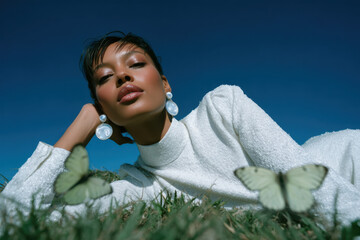 Model relaxing in grass with butterflies, embracing nature's beauty