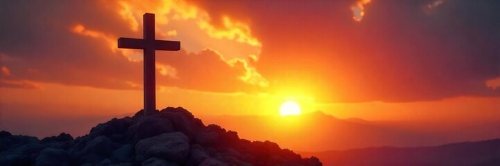 Fototapeta premium A somber yet hopeful depiction of Good Friday; a cross silhouetted against a sunrise, conveying peace and sacrifice Perfect for religious or spiritual themes , solemn, religious art, sacrifice