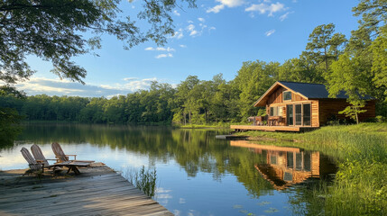 Obraz premium Tranquil summer escape featuring a rustic cabin on the edge of a quiet lake.