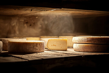 cheese cellar with rustic wooden shelves filled with aging cheese wheels of various sizes, dimly lit