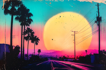 80's collage in lo-fi style depicting a sunset and a road going off into the distance, beyond the horizon