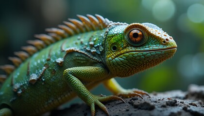 Fototapeta premium Close-up of a Vibrant Green Iguana with Detailed Scales and Spines