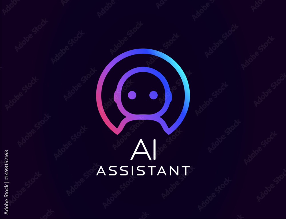 Poster AI assistant logo with friendly robot avatar in headset, glowing gradient outline. Ideal for virtual help tools, customer support bots, tech branding. Vector illustration.