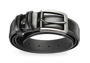 One black leather belt isolated on white, above view