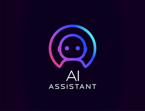 AI assistant logo with friendly robot avatar in headset, glowing gradient outline. Ideal for virtual help tools, customer support bots, tech branding. Vector illustration.
