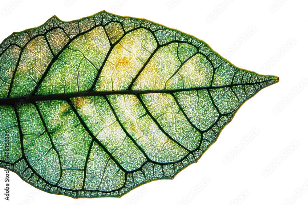 Poster close-up view of textured green leaves arranged on a white background highlighting their intricate v