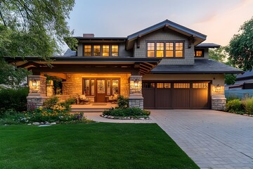 Luxury suburban home in craftsman style architecture with warm lighting