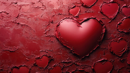 Valentine's Day - Textured Hearts of Love: A rich, crimson canvas reveals a multitude of heart shapes, the central heart rising in prominent relief, alluding to love's warmth and textured depth.