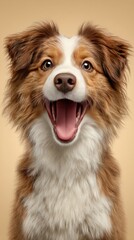 Adorable Happy Dog With Fluffy Coat and Playful Expression Against Tan Background