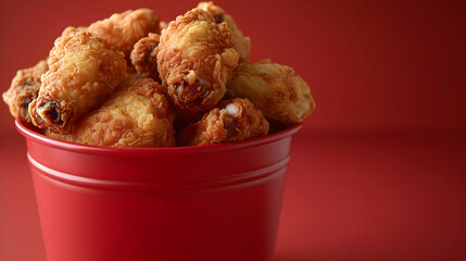 A bucket of crispy fried chicken pieces against a bold red background, highlighting texture and color.