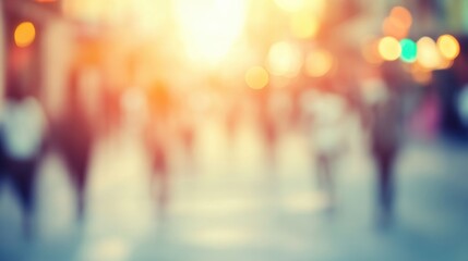 Soft Focus Urban Street Scene with People Walking at Sunset Glow