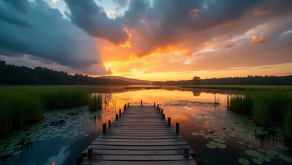 Obraz premium landscape, scenic, dramatic sky, sunset, reflection, lake, dock, serene, picturesque