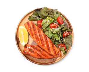 Tasty grilled salmon, salad and lemon isolated on white, top view