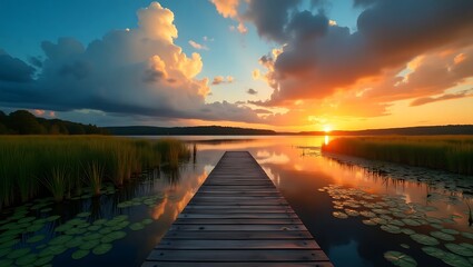 Obraz premium landscape, scenic, dramatic sky, sunset, reflection, lake, dock, serene, picturesque