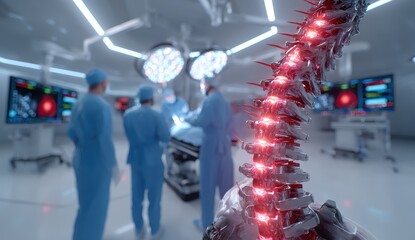 Futuristic spinal surgery with holographic display in an advanced operating room.
