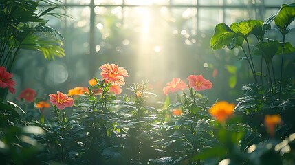 Radiant light filtering through lush hibiscus blossoms in a sunlit garden image