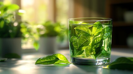 Refreshing glass of green tea with leaves illuminated by natural sunlight enhancing the image