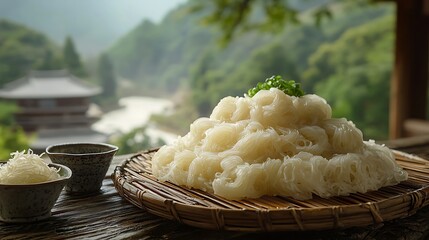 Refreshing japanese somyeon noodles served on a woven plate with mountain views and landscape in image.