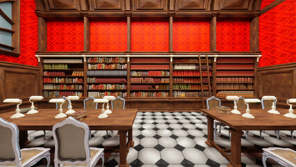 view of bookshelves in an old library