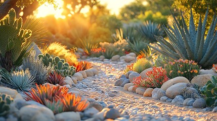 Scenic view of a beautifully landscaped desert garden with succulents plants and stone pathway image
