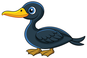Cute DarkColored Cartoon Duck with Yellow Beak and Feet Standing Calmly Illustrated