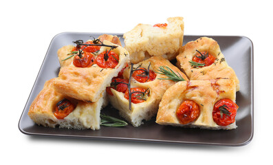 Pieces of delicious focaccia with tomatoes and spices isolated on white